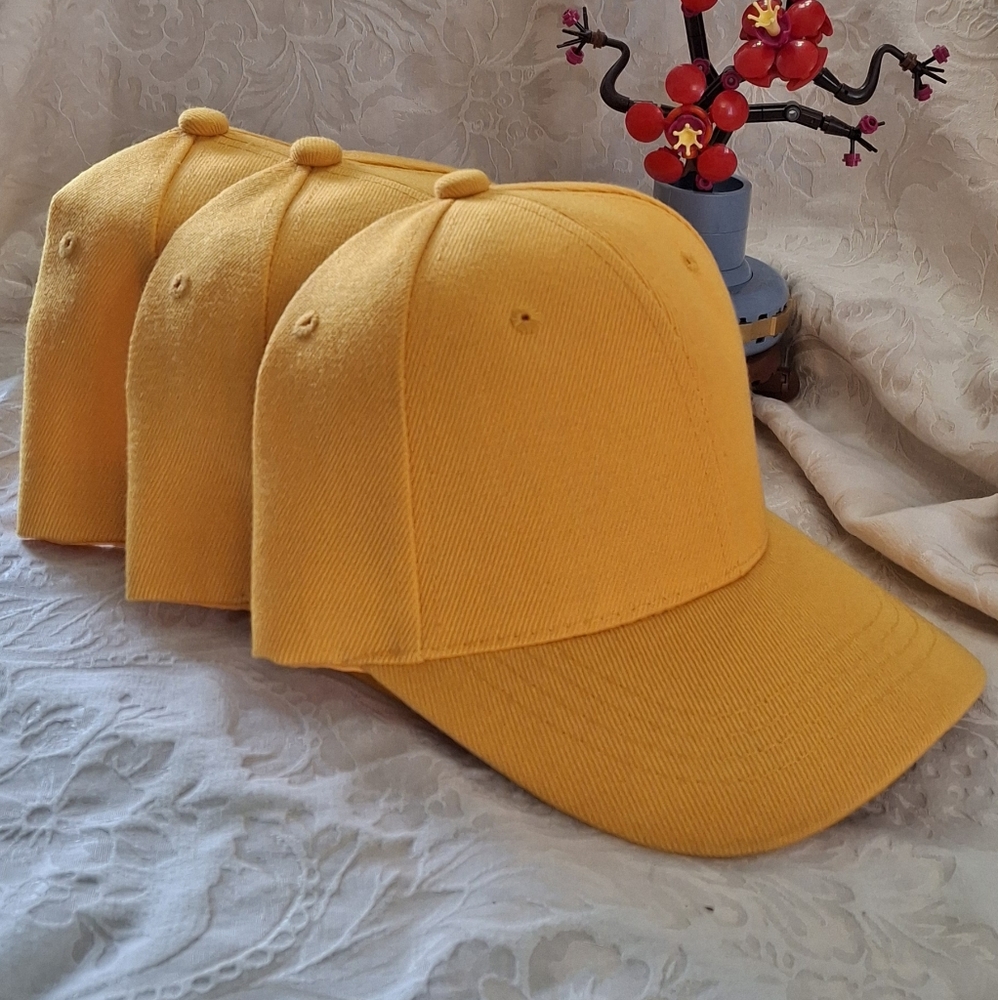 NEW / NWOT - Set of 3 Bright Golden Yellow Baseball Cap with Velcro Backs